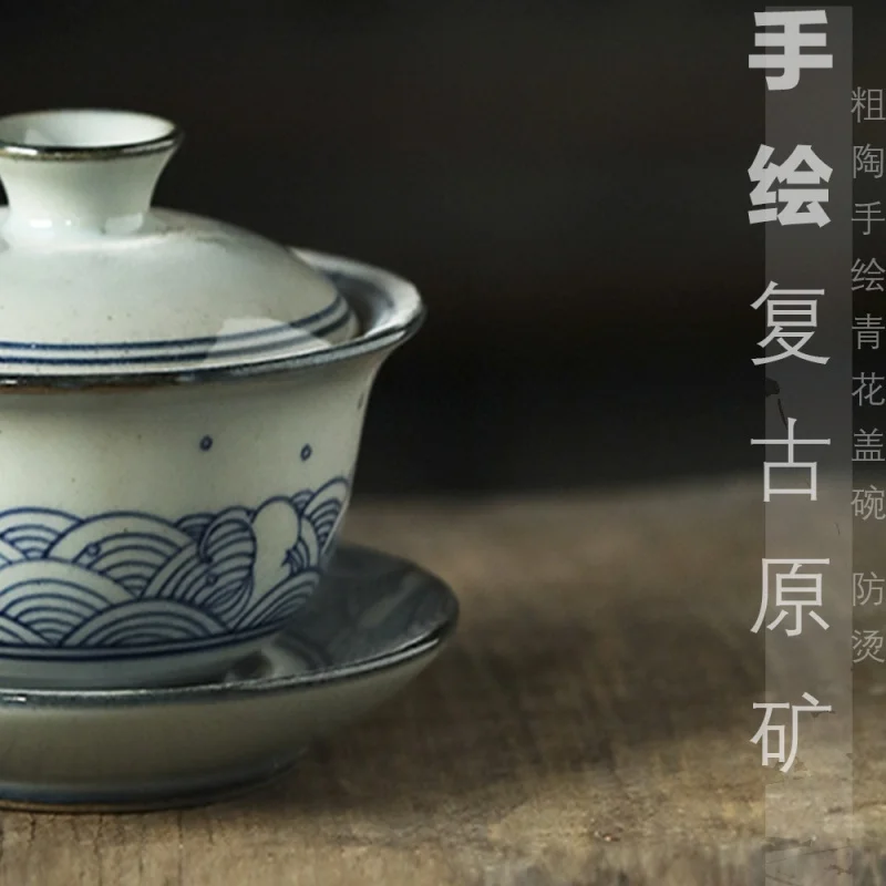 

Jingdezhen Traditional Hand Painted Blue and White Tureen Stoneware Vintage Painted Gaiwan Handmade Zen Tea Set