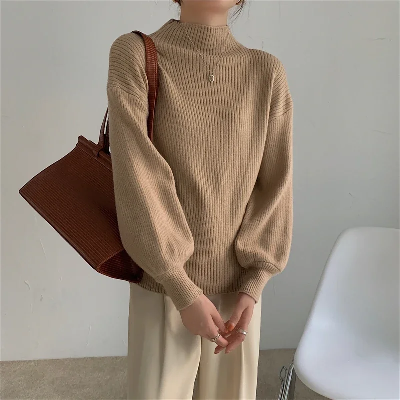 

Lantern Sleeve Sweater Women Turtleneck Office Lady Pure Color Knitted Pullover Loose White Khaki Sweaters for N301