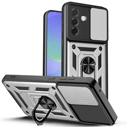 Enhanced Camera Protect Case with Hybrid Metal Ring Holder Cover for Galaxy A15 (Silver)