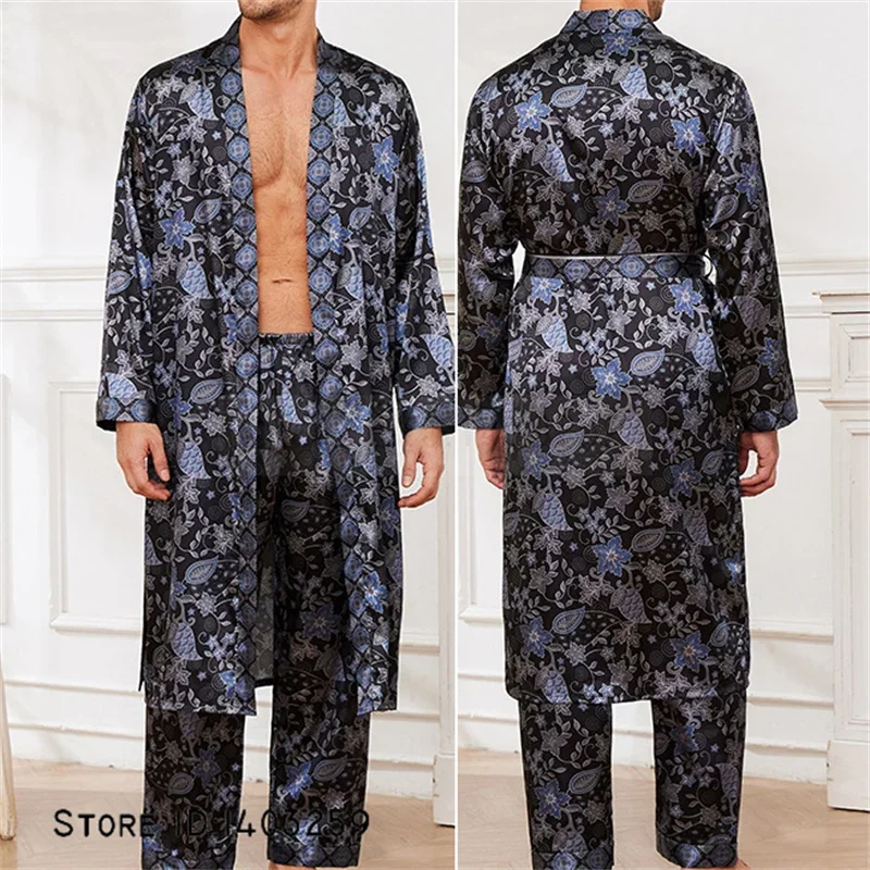 Long Sleeve Men's 2PCS Pajamas Set for Spring Autumn Print Kimono Bathrobe Gown Trouser Suits Casual Satin Homewear Loungewear man pajamas set