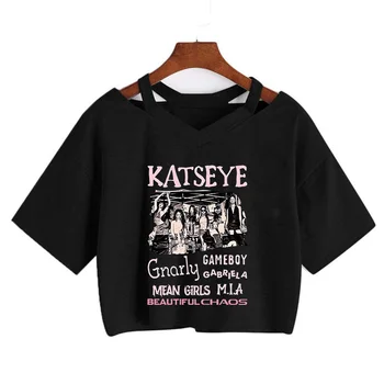 Women's Katseye Funny Print Cropped T Shirt  90s Koran Style Tshirt Clothes Sexy Graphic Crop Tops for Woman Gothic Y2k T Shirt 1