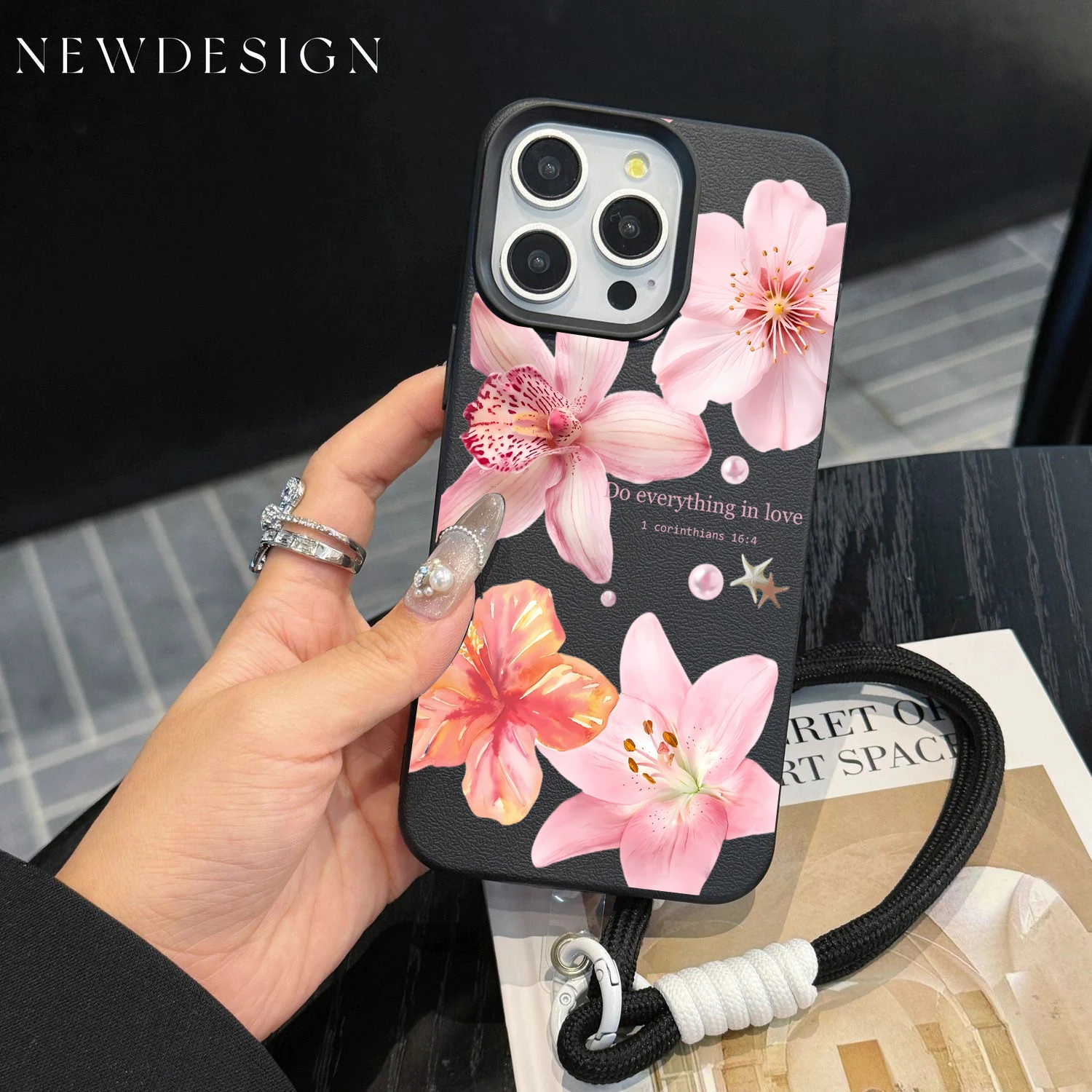 Luxury Pink Lily Silicone Lanyard Phone Case with Shockproof Design