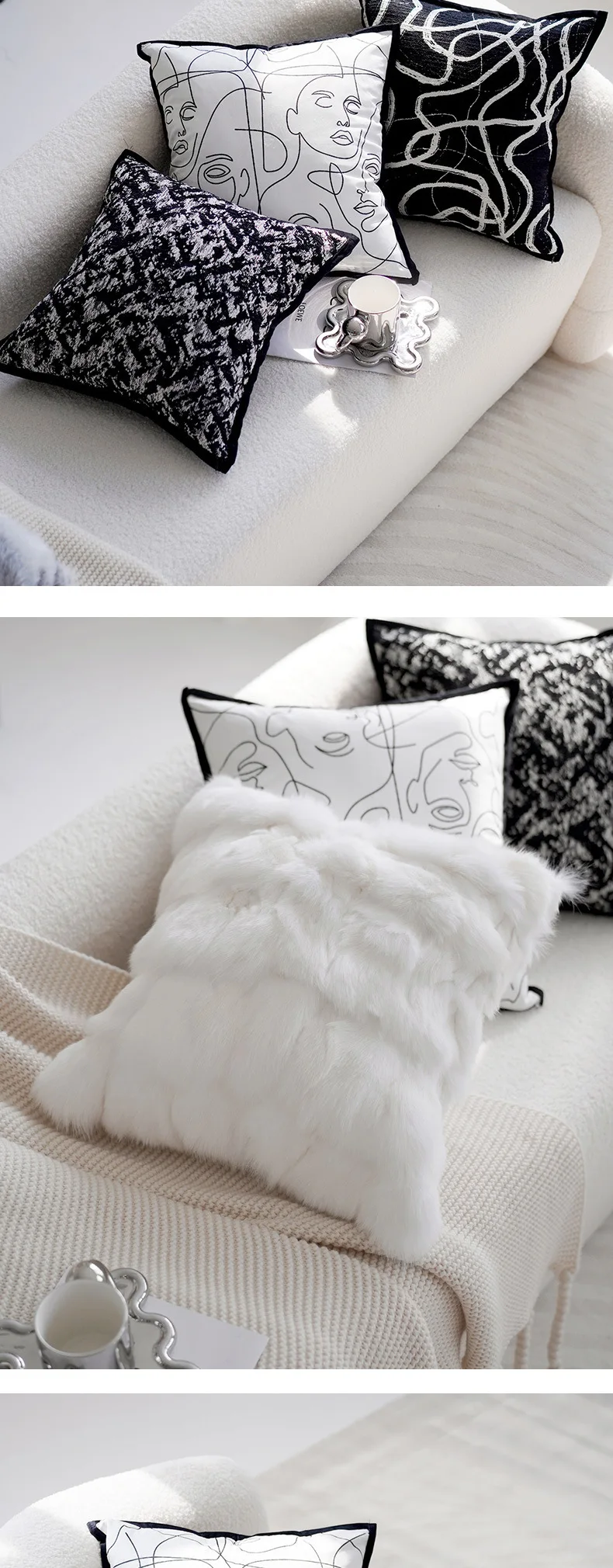 Moderne minimalistische, luxuriöse Kissenbezüge in Schwarz-Weiß mit geometrischem Fellmuster, dekorative Kissenhüllen für Sofa- und Bettdekoration – Detail 6