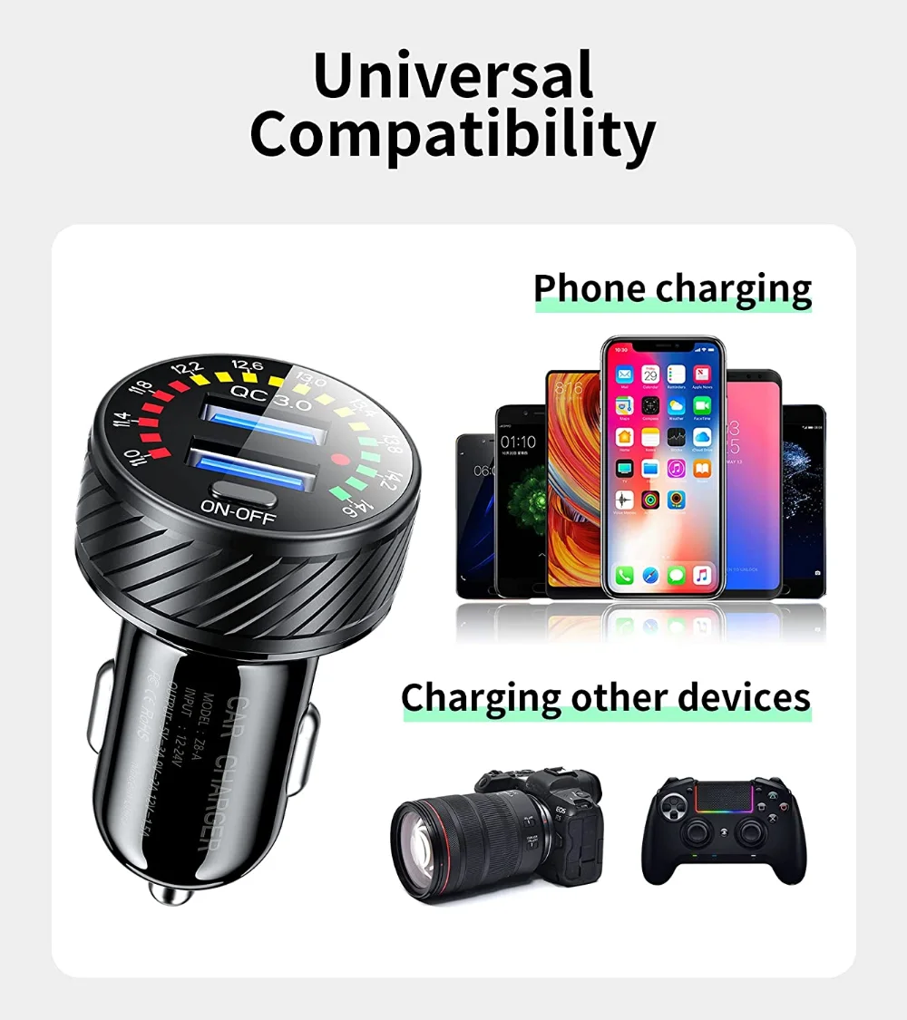 차량용 고속 충전기 어댑터, QC3.0 듀얼 USB 차량용 충전기, 다채로운 전압계 ON/OFF 스위치, 아이폰용 고속 충전, 36W