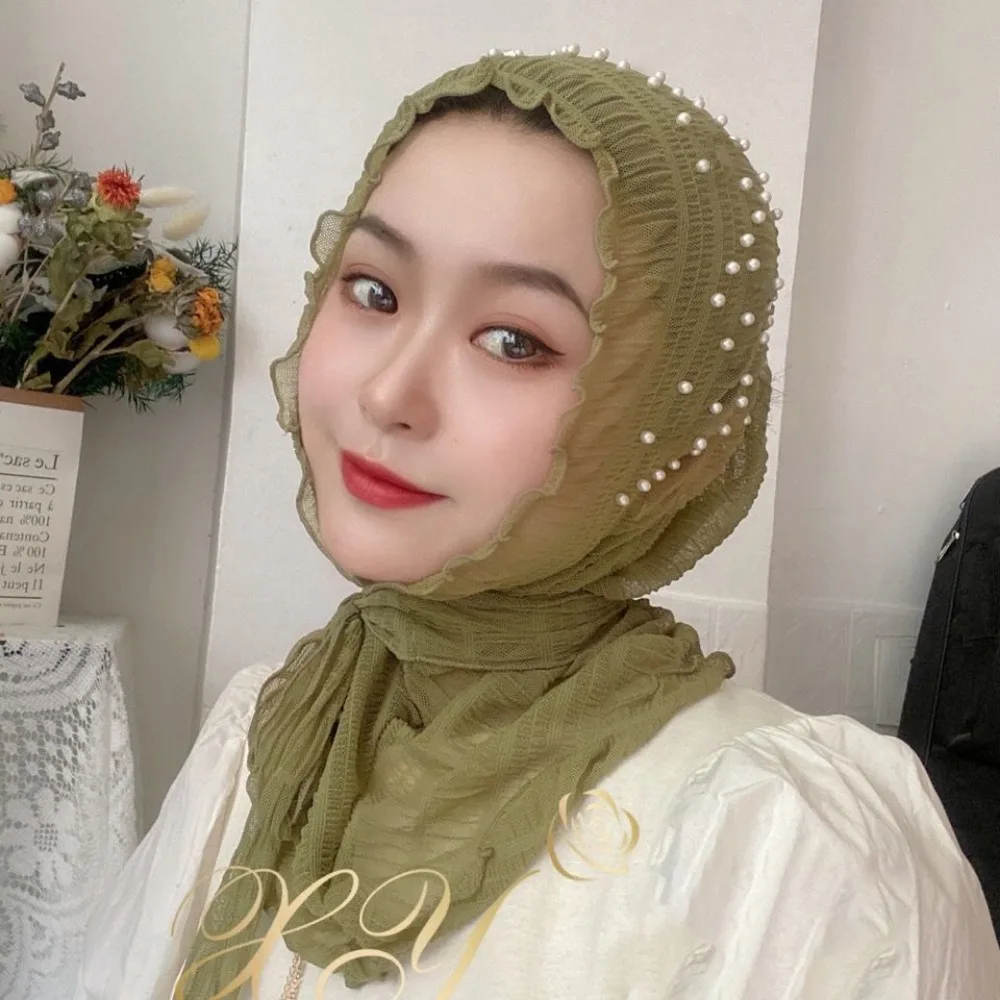 Instant Hijab Women Muslim Hijab Summer Thin Voile Scarf Sequin  Elastic Turban Femme  Pearl  Ornament  Islam Headscarf