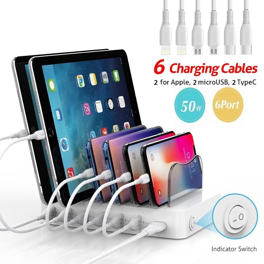

To 50W/10A 6-Port USB Charging Station for Home and Office 6 Cables Included for Phones Tablets and Other Electronics