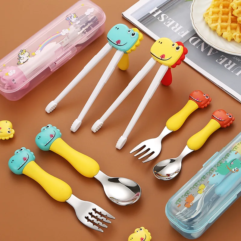 304 Stainless Steel Portable Children's Fork And Spoon Set Dinosaur Baby Cartoon Tableware Baby Learning To Eat Training Cutlery
