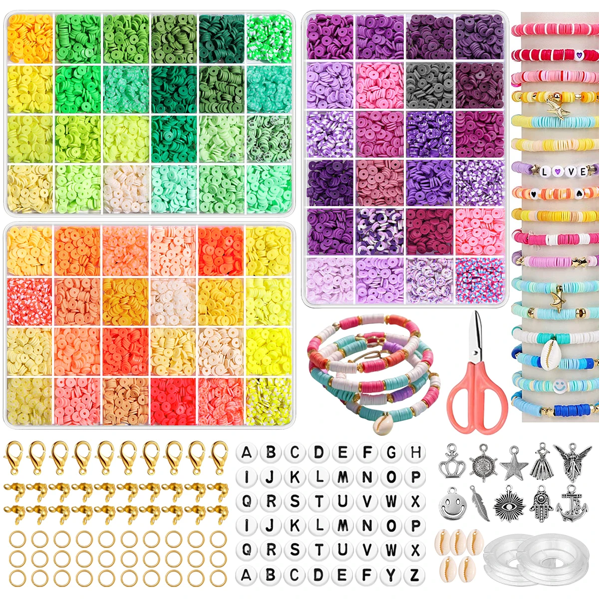 7200pcs Clay Beads DIY Bracelet Making Kit, 72 Colors Polymer Clay Sliced Beads Jewelry Box with Accessories