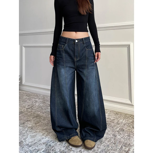 Bleu femmes rétro Y2K 2000s jambe large Baggy décontracté Denim pantalon taille haute jean ample 2024 automne Harajuku pleine longueur pantalon 6
