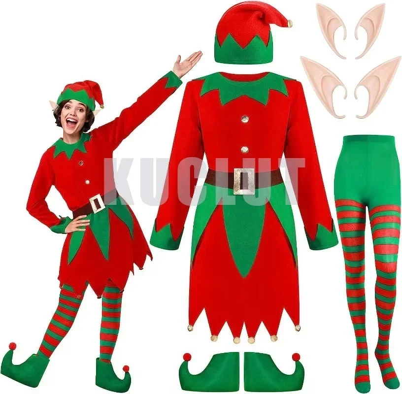 

Christmas Elf Women Girl Costumes Long Sleeve Dress And Belt Hat Shoes Striped Stockings Party Role-playing Cosplay Dropshipping