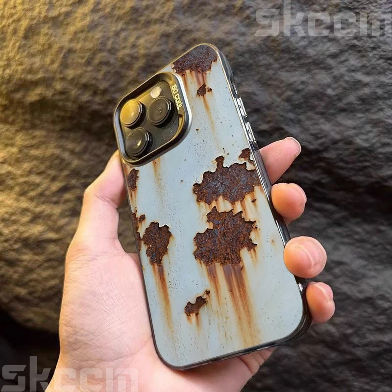 Vintage Electroplate Silver IMD Hard Phone Case with Retro Rust Pattern