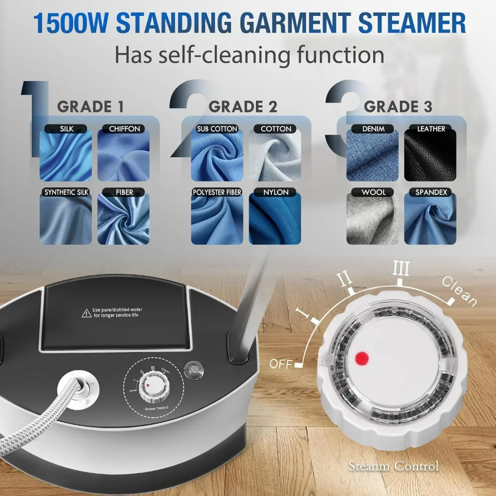 1500W Fast Heat Standing Garment Steamer with 101 fl.oz Detachable Tank and 2-Level Steam Ironing Board