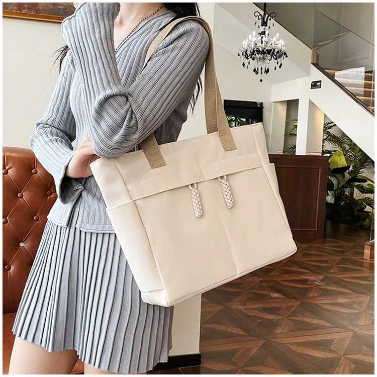 Versatile Oxford Tote Bag Beige/Black/Tan Drawstring Zipper Style Casual Chic Handbag Shoulder Bags for Daily Commutes & Errands