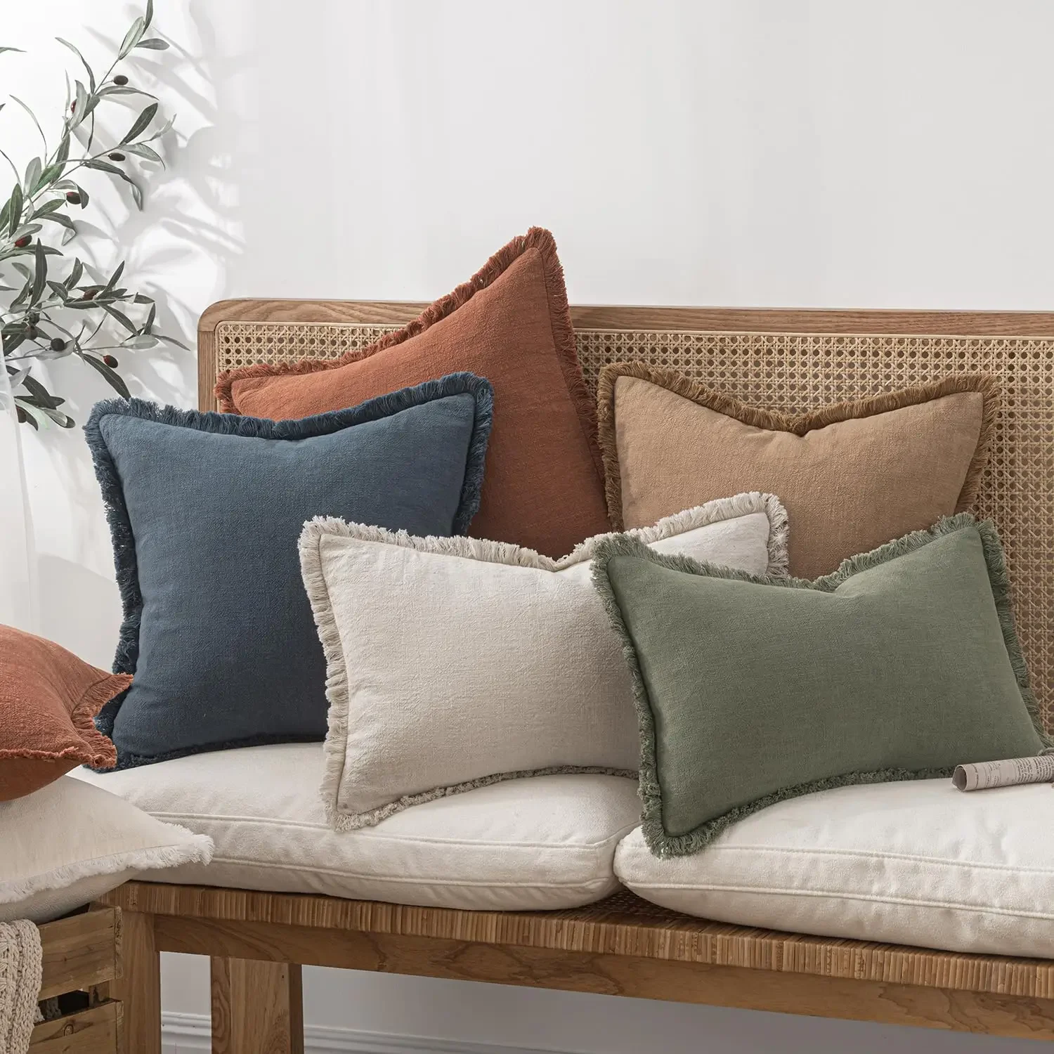45x45cm Leinen-Kissenbezug mit Fransen, Boho Farmhouse Stil, Weiche Akzentkissen mit Quasten für Wohnzimmer, Couch, Sofa, Bett – Detail 12