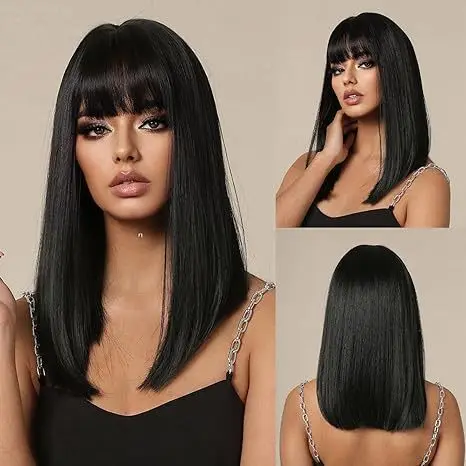 Light Yaki Straight Bob Wig with Bangs, Glueless Wig, Short Bob Wigs for Black Women, Halloween, Christmas, Cosplay Party