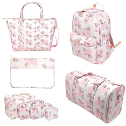 Pink Blue Printed Bow Cosmetic Bag Toiletry Pouch Waterproof Storage Nylon Outdoor Makeup Bag Travel Backpack Luggage Organizer