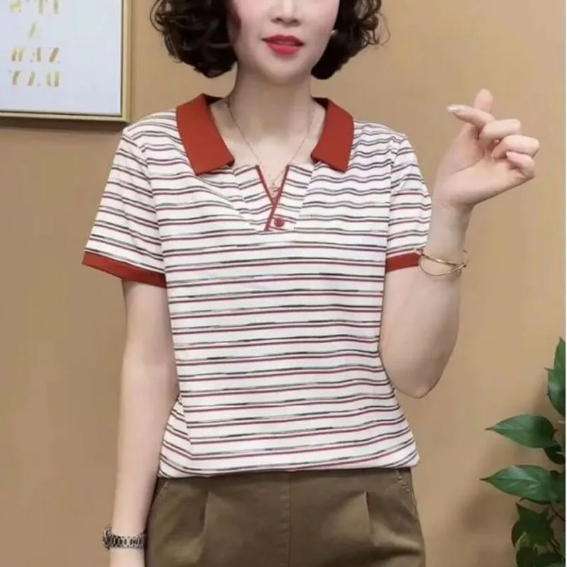 

2024 Summer New turn-down collar Button Stripe Color Blocking Pullovers Fashion Loose Casual Women's Short Sleeve T-shirt Tops