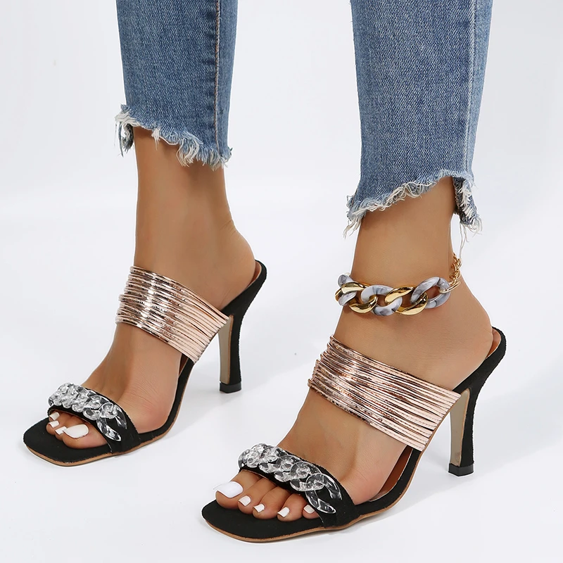 2022 Ladies High Heel Slippers New Summer Fashion Leopard Print Metal