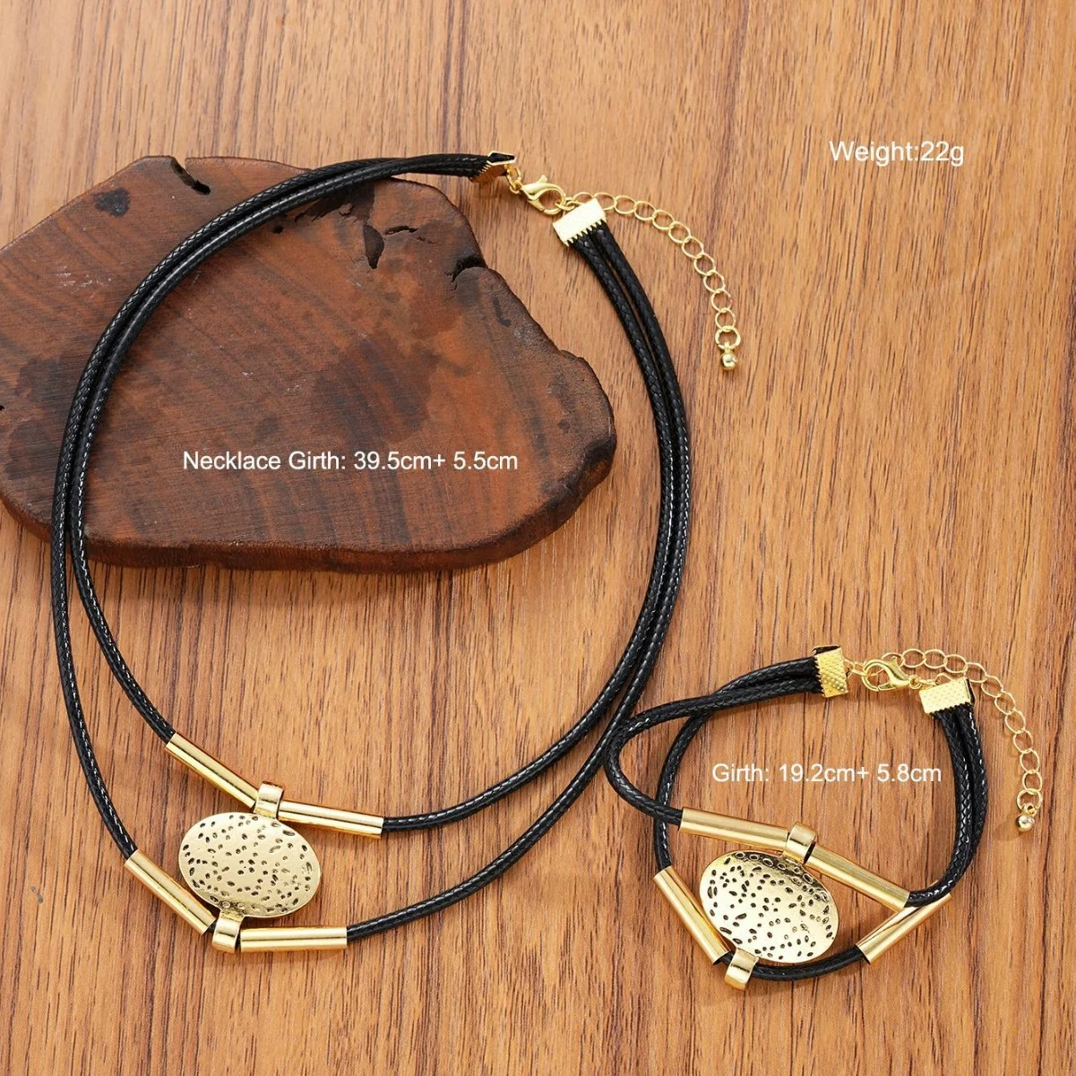 Fashion Oval Metal Necklace Bracelet Set For Women Vintage Gold Silver Color 2Pcs/Set Faux Leather Double Layered Chain Jewelry