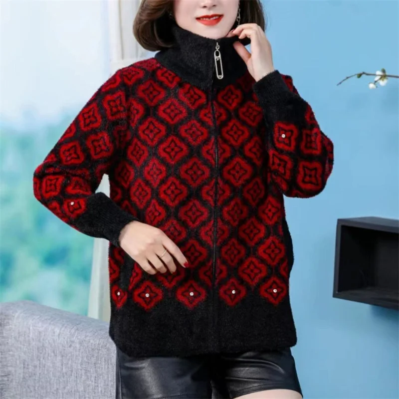 2023 Spring New Lmitation Mink Fleece Thickened Coat Foreign Style Mid Aged Elderly Women Autumn Winter Short Loose Version Top