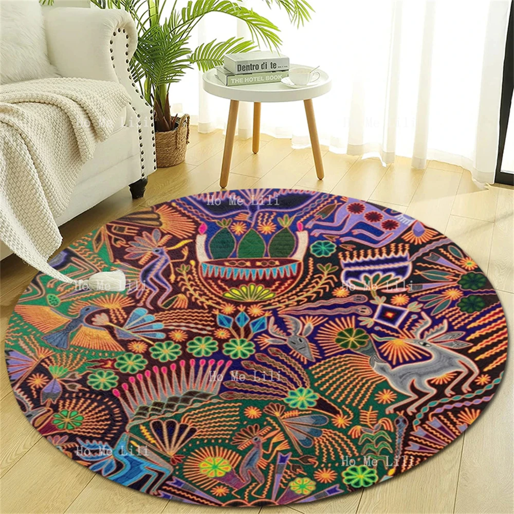 Mexico Indigenous Cultures Wixarika Art Yarn Painting Deer Sacred Gourds Bowls Shamans Sacrificial Ceremony Round Carpet