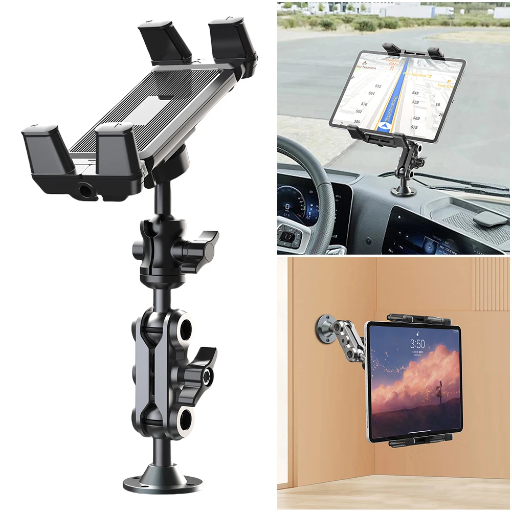 Heavy Duty Tablet Holder Wear Resist Aluminum Drill Base Phone Rack 360 Degree Rotable Car Dashboard Phone Mount for Home Office