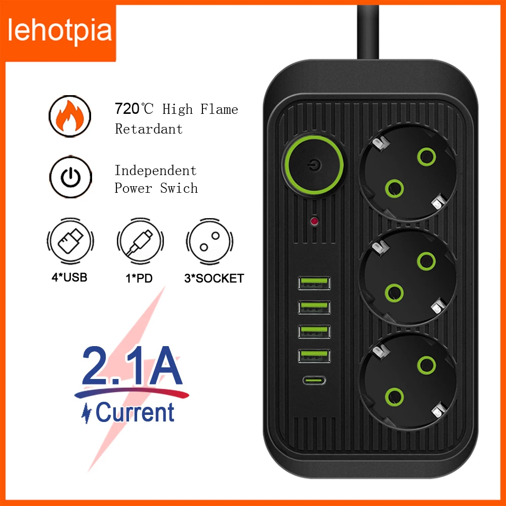 EU Plug AC Outlet Power Strip Multitap Smart Home Extension 2M Cord Electrical Socket With 4 USB Ports Multiprise Network Filter