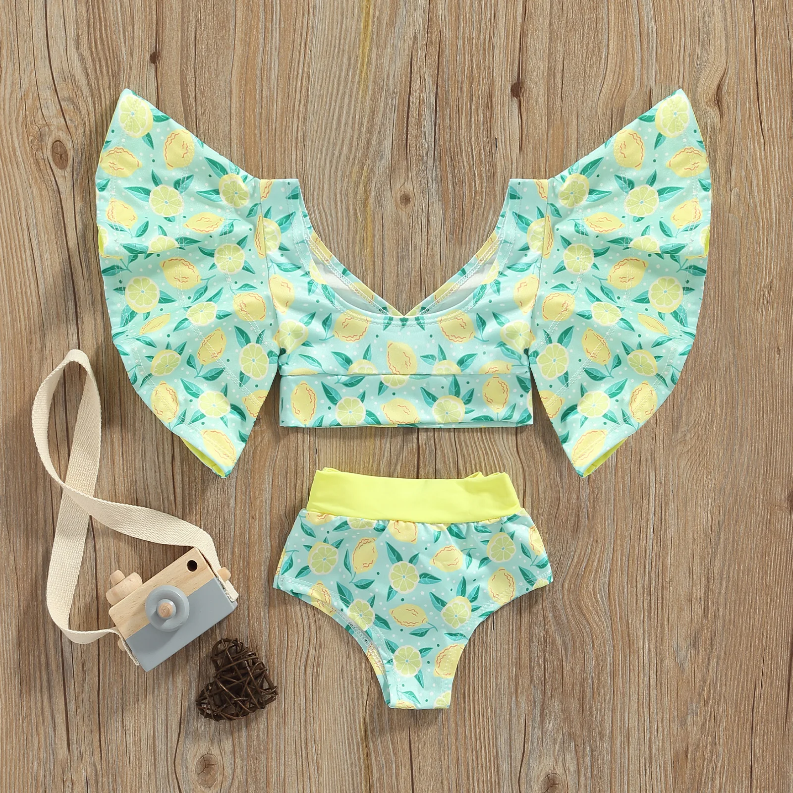 Girls Two-Piece Swimwear Lemon/Starfish/Striped Baggy Sleeve Swim Tops + High Waist Bathing Shorts Swimsuit children swimwear