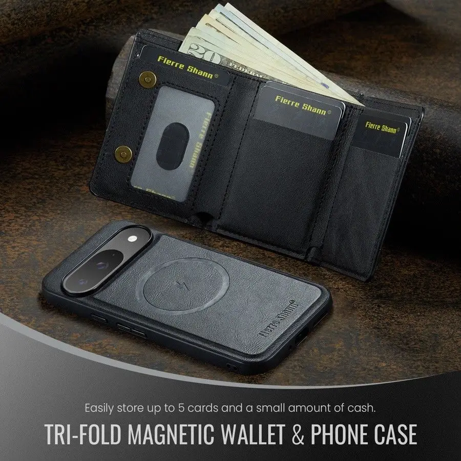 Magnetic Detachable Leather Wallet Phone Stand with Wireless Charging Capability