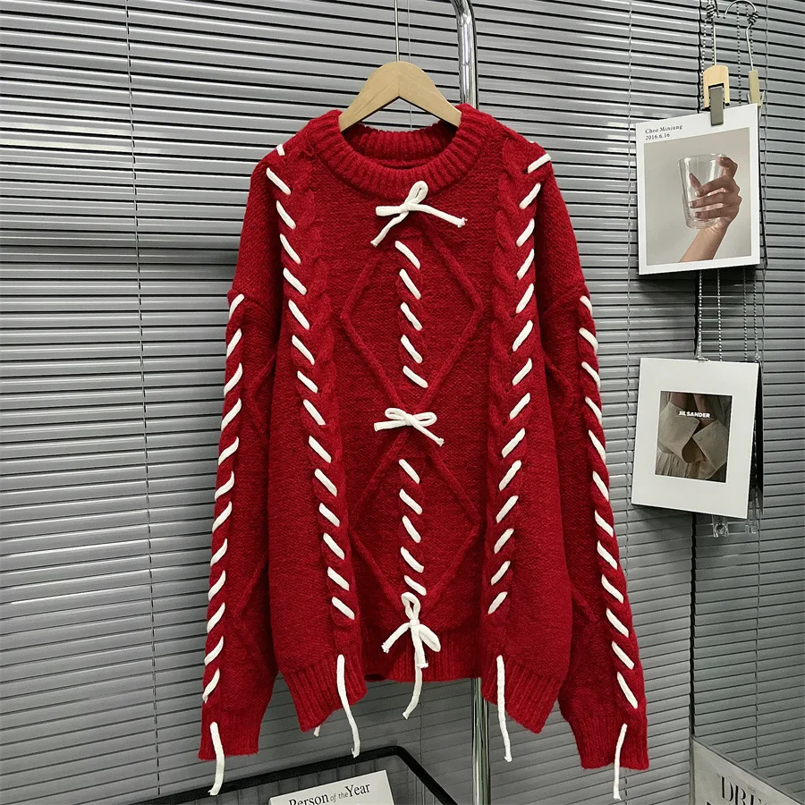 

Red Sweater Female Autumn Winter Japanese Lazy Retro Loose Fitting Outerwear Pullover Bow Thickened Knit Top Sweater Jumper