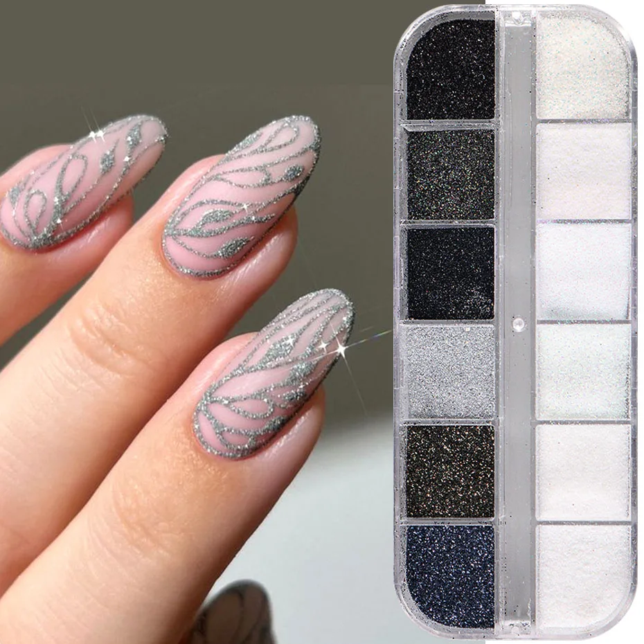 Description Picture 5 of item12Grids Black White Nail Glitter Powder Shiny Sugar Effect Iridescent Chrome Flakes Pigment Dust DIY Designs Nail Art Decoration