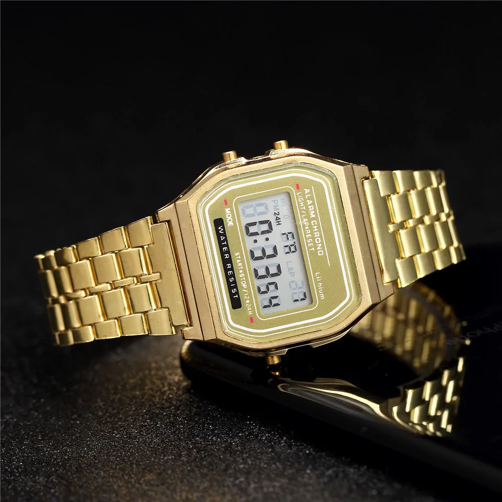 Harajuku Luxury TOP Brand Women Watch Gold Stainless Steel WR F91W LED Electronic Waterproof Multifunction Square Digital Watch 5