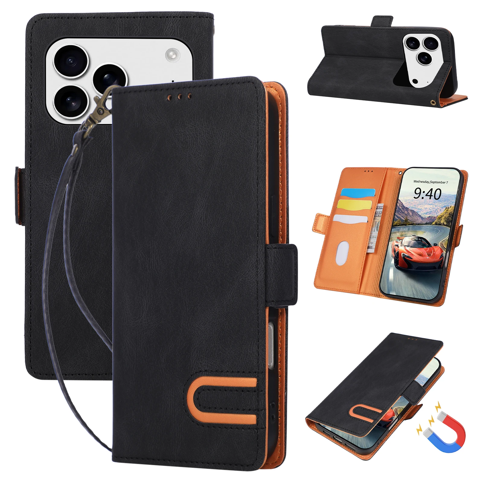 Leather U-Shaped Lanyard Wallet Phone Case with Shockproof Wrist Flip Cover and Card Slots
