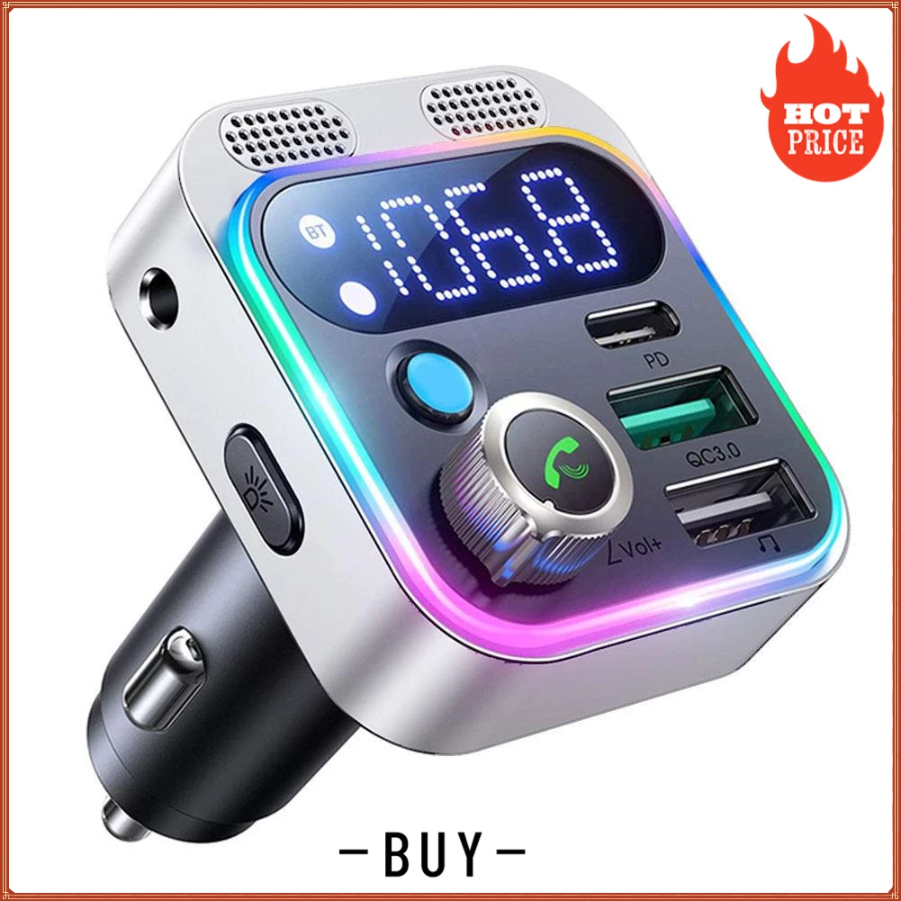 

Upgrade Your Car Audio With Bluetooth 5.2 FM Transmitter & Car Charger - Dual Mics Deep Bass Sound 48W PD & QC3.0 Compatible