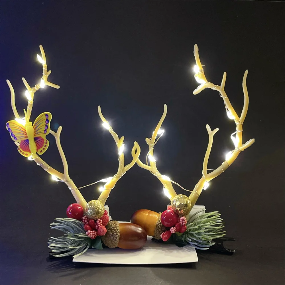 LED Christmas Antler Headwear for Women Glowing Elk Horn Hair Clip Christmas Gift Elk Hairpin with Lights Navidad Decor