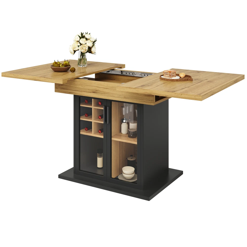 Teleskop-Esstisch (110–140 x 80 cm), klappbarer Küchentisch für 4–6 Personen, ausziehbarer Tisch mit Weinregal, braune Glastür – Detail 15