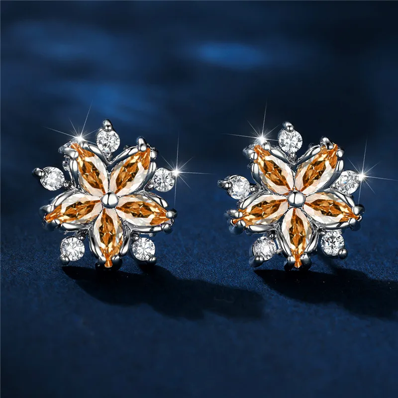 Luxury Female Red Stone Flower Stud Earrings Silver Color Zircon Wedding Jewelry For Women
