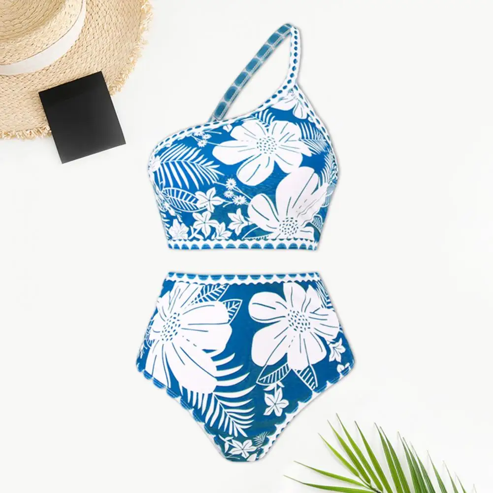 

Quick Drying Beachwear Floral Print Bikini Set with One Shoulder Bra High Waist Chiffon Cover Up Skirt for Women for Summer