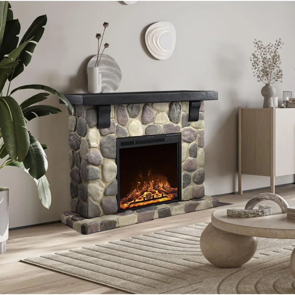 Electric Fireplace Mantel Package,48 in Freestanding Stone Fireplace Heater TV Stand W Remote Control,7 Flame Brightness Setting 6