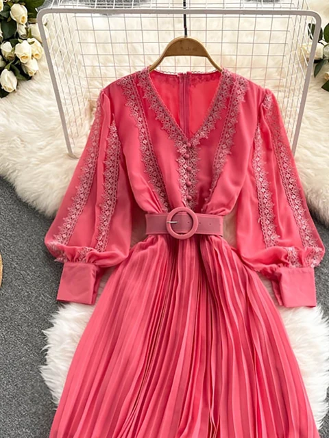 Women Lace Patchwork Pleated Chiffon Long Dress Autumn Winter Red/Black/Blue Draped Party Vestidos With Sashes Female Robe 2021 4