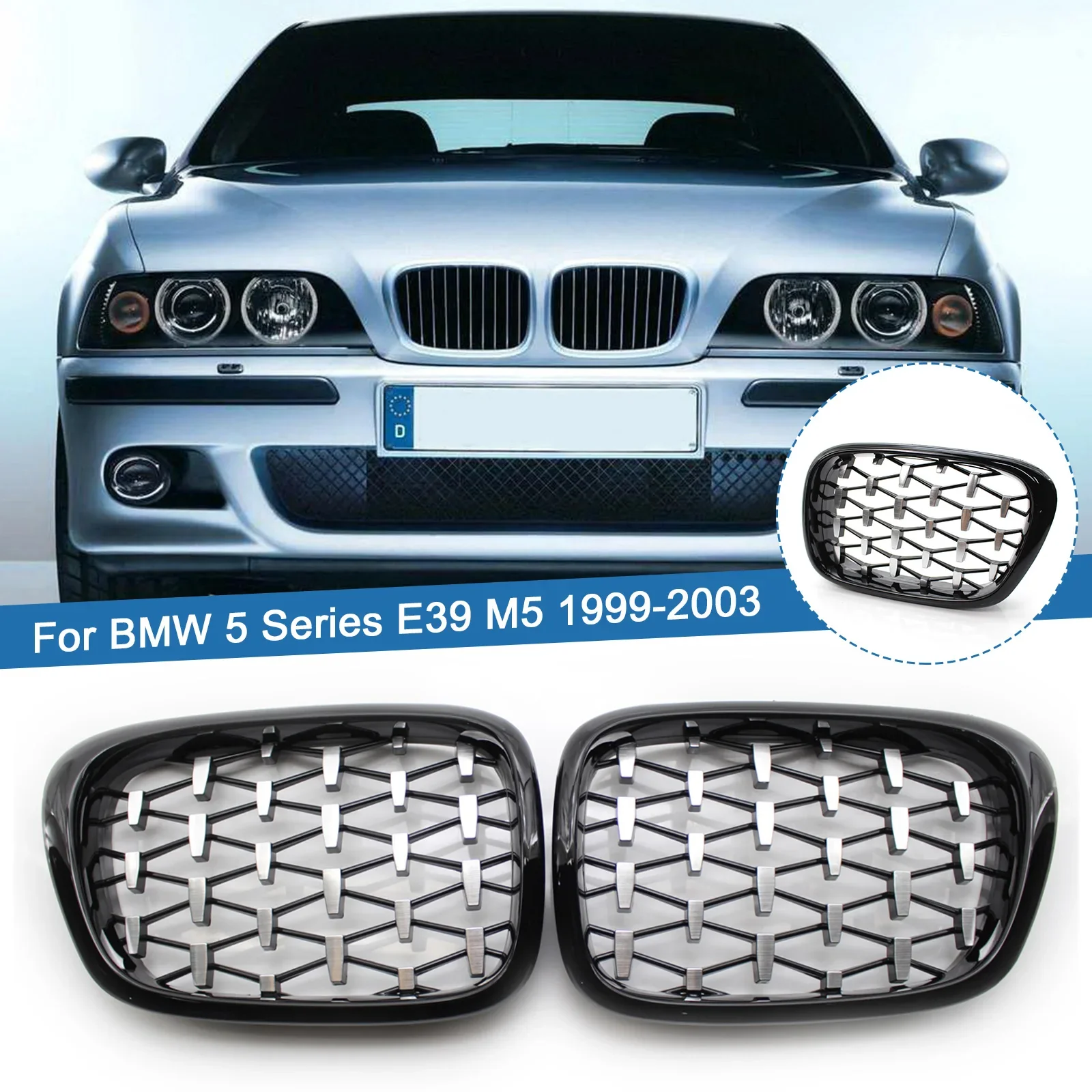 

1 Pair Front Kidney Diamond Meteor Style Grille Replacement Auto Racing Grills For BMW 5 Series E39 M5 1999-2003 Car Accessories