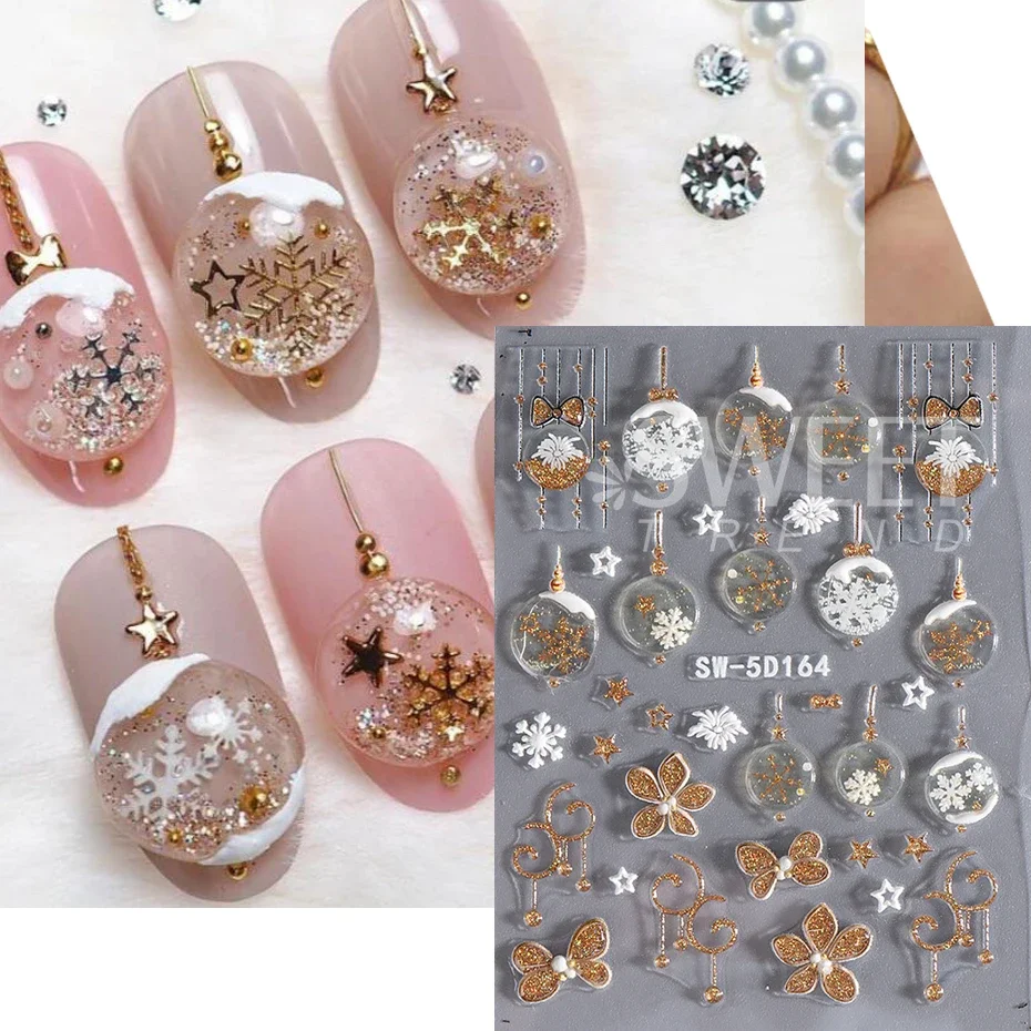 1/2pcs  5D Embossed Christmas Nail Stickers Shiny Gold Snowflakes Christmas Tree Bow Ball Nails Decals DIY Manicure Decorations
