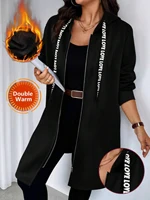 Plus Size Women's Long Zip - Up Hoodie, Double Warm Fabric, "LOVE" Lettering Detail, Casual & Cozy Daily Wear