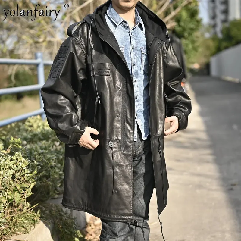 

Genuine Leather Jacket Men Vintage Jackets Oversize Wide Vegetable-tanned Goatskin Long Trench Coat Male Real Coats Man