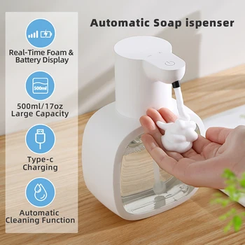 Nuovo dispenser automatico di sapone a parete in schiuma per lavatrice a mano intelligente sensore di induzione per bagno ricaricabile liquido da 500 ml