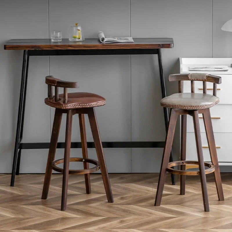 Vintage Solid Wood Bar Chair Light Luxury American Style Rotatable Home Kitchen Dining Room Nordic High Legged Stool
