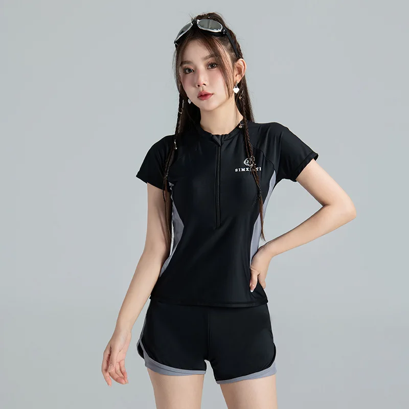 Short Sleeve Women Black Two Piece Swimsuit Sports Swimwear
