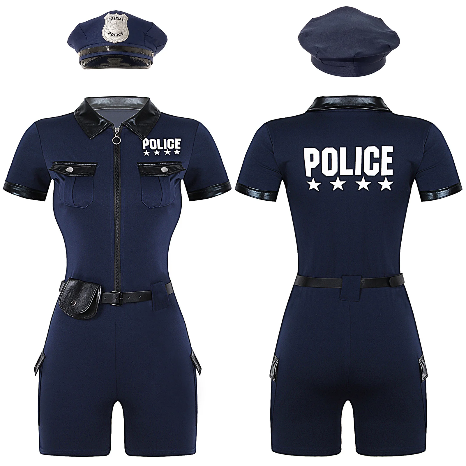 Sexy Policewoman Cosplay Party Costume Hot Anime Dirty Cop Officer RolePlay Outfit Women Zipper Short Sleeve Jumpsuit Set