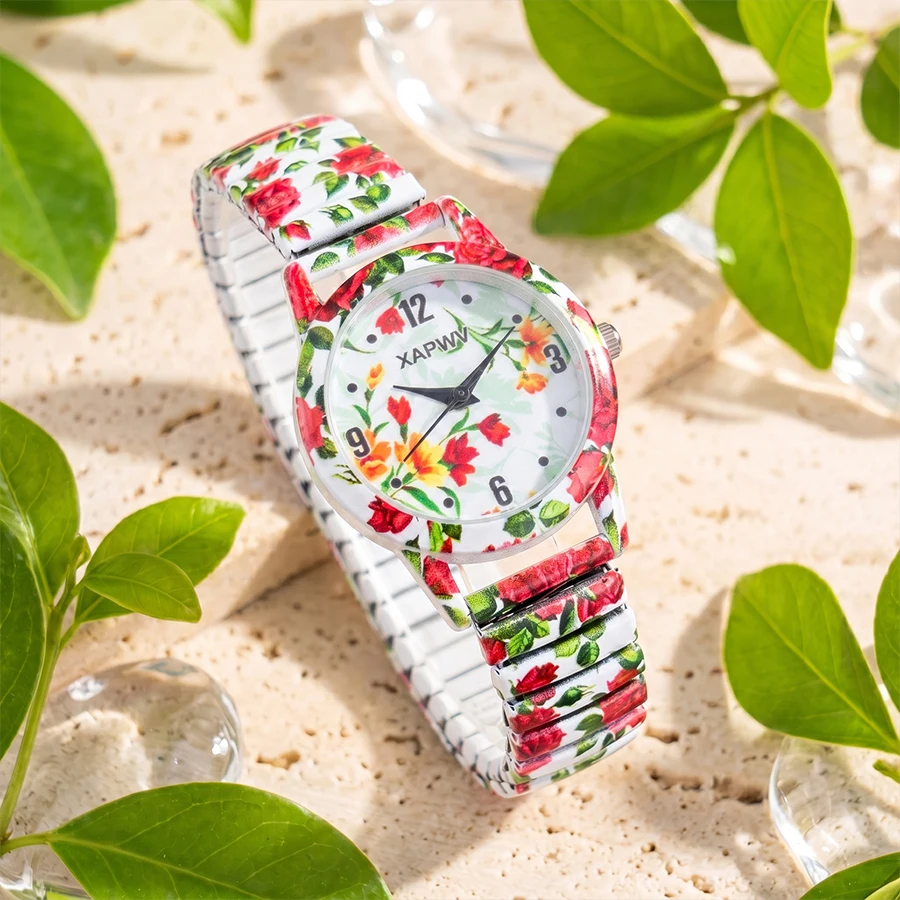 Elegant His and Hers Watch Set with Leaf and Rose Dial Design and Elastic Straps