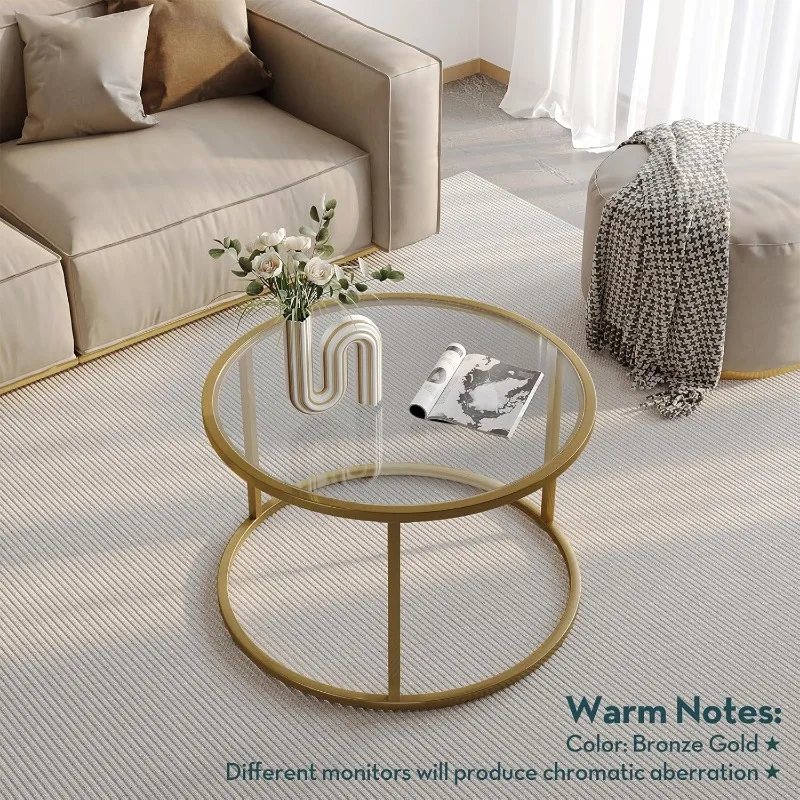 Small Glass Coffee Table Round Gold Coffee Table for Small Space Modern Simple Center Table with Gold Frame for Living Room 6